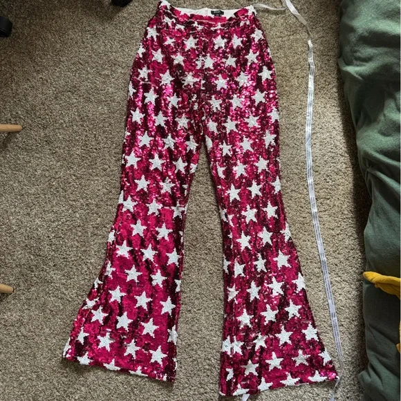 Nasty Gal Pink and White Star Sequin Flare Pants - Picture 4 of 6